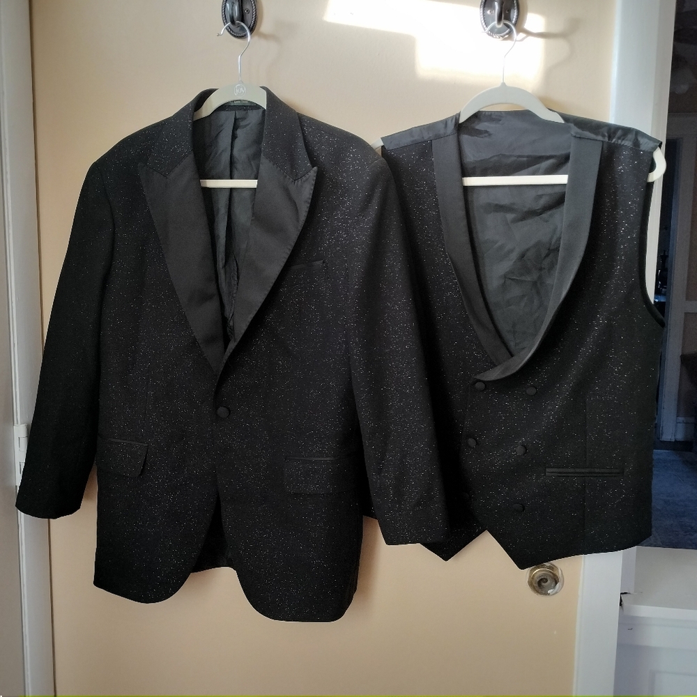 Black slim fit mens one button glitter jacket & vest size 44R formal wedding
